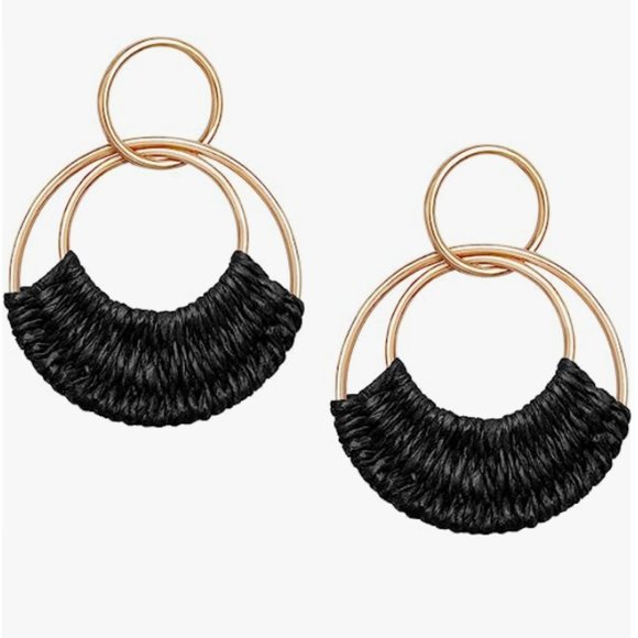Black Woven Raffia Gold Hoop Earrings Wicker Hoops Links Post Vacation Style New - Picture 4 of 5
